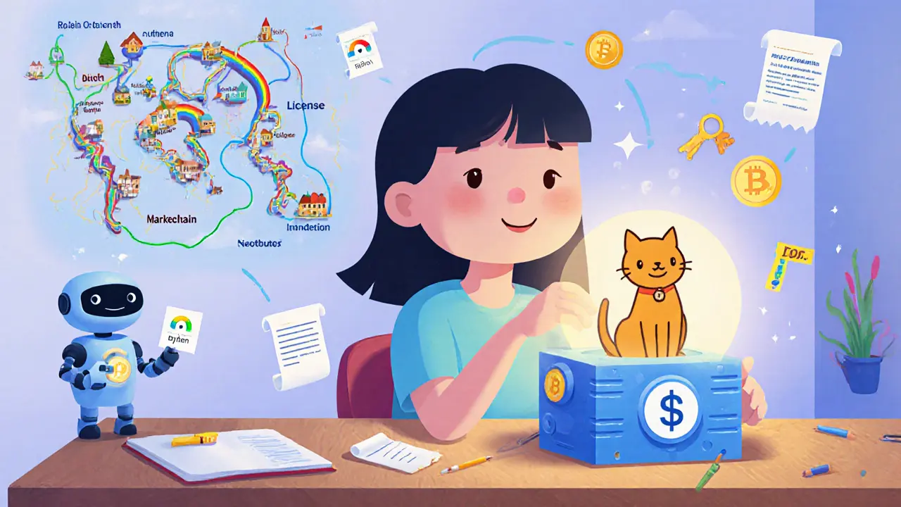 Une jeune artiste insère un dessin de chat dans une machine blockchain, entourée d'outils animés de licence et de redevances.