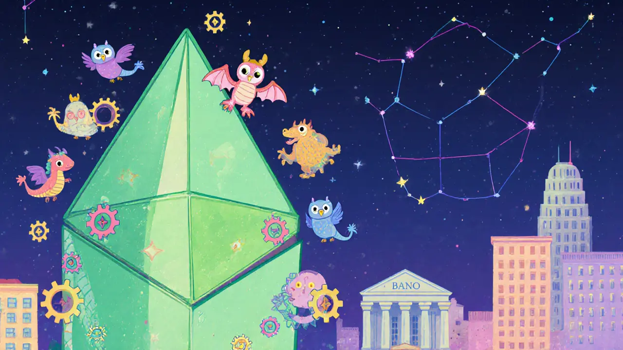 Une tour Ethereum verte avec des NFT et des dragons DeFi, entourée de banques qui deviennent numériques.