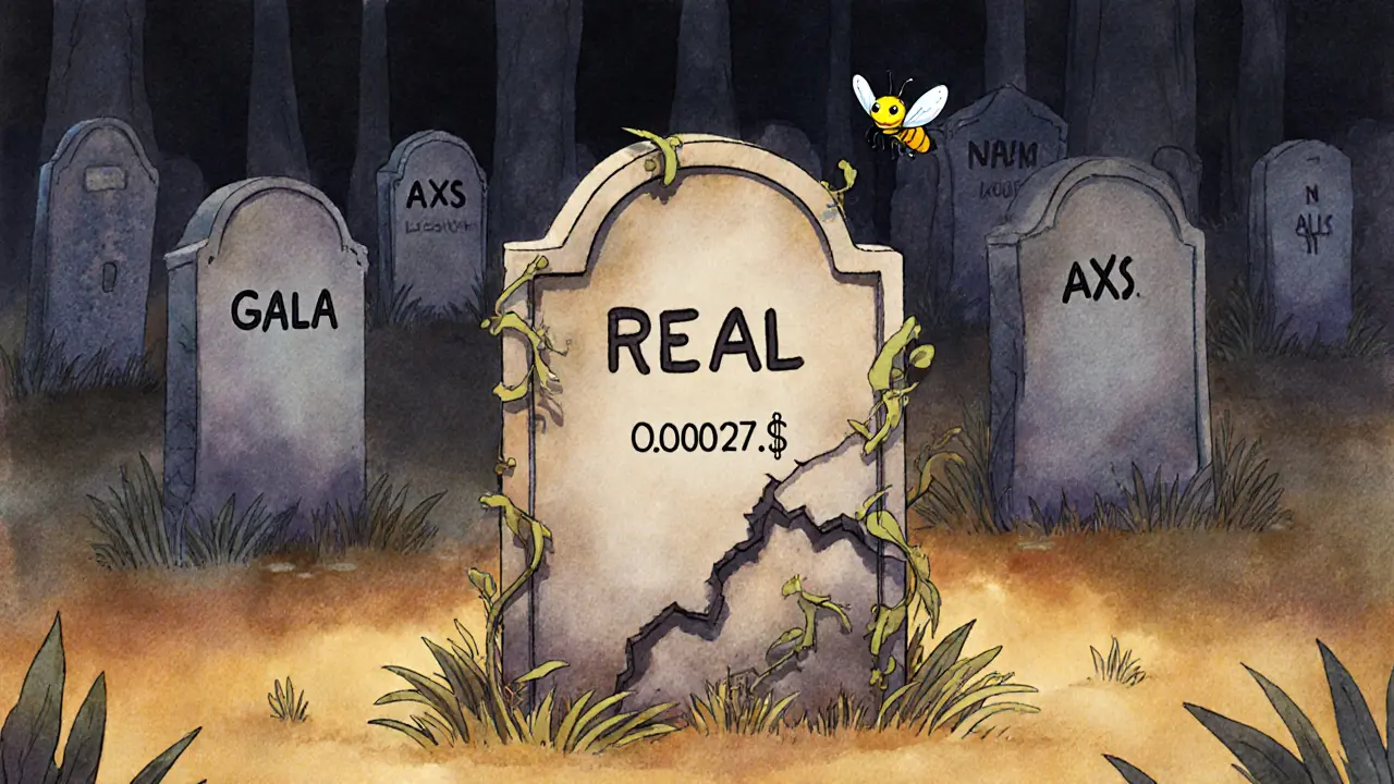 Cimetière de jetons crypto où seul le jeton REAL est recouvert de lierre, une luciole flotte au-dessus.