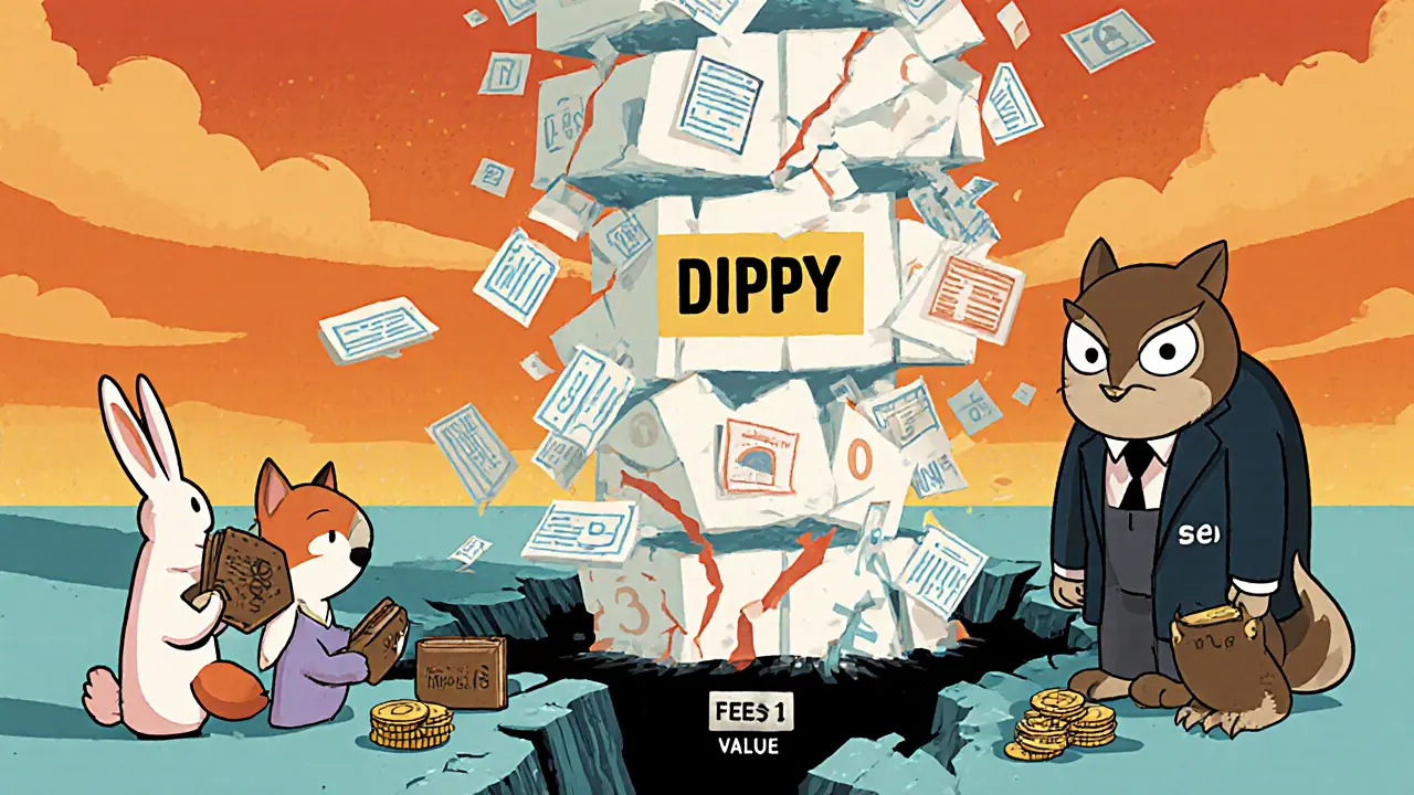 Des animaux regardent une tour de chiffres qui s&#039;effondre tandis qu&#039;un homme en costume vole des pièces.