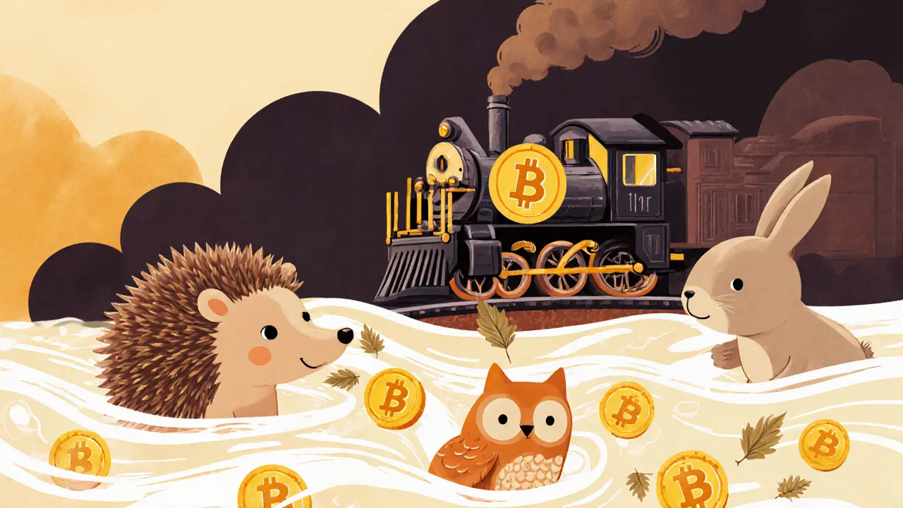 Des animaux transmettent des pièces Bitcoin.ℏ dans un fleuve de lumière, tandis qu&#039;un train Bitcoin avance lentement.