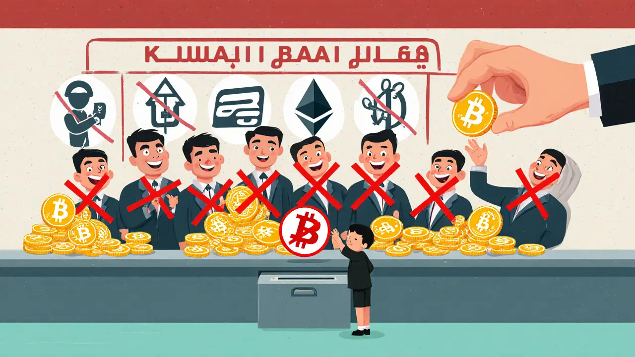 Des banquiers cachent des Bitcoins sous des tampons rouges &#039;Interdit&#039;, tandis qu&#039;un enfant tente de les déposer.