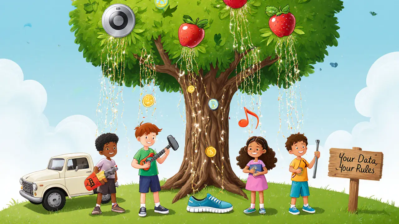 Des enfants dans un parc sont reliés par des fils brillants à un arbre dont les racines sont des blocs blockchain et les feuilles des NFT.