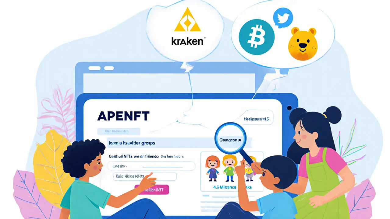 Des enfants participent à un airdrop APENFT en suivant des réseaux sociaux sur une tablette géante, entourés d&#039;icônes d&#039;échanges amicales.