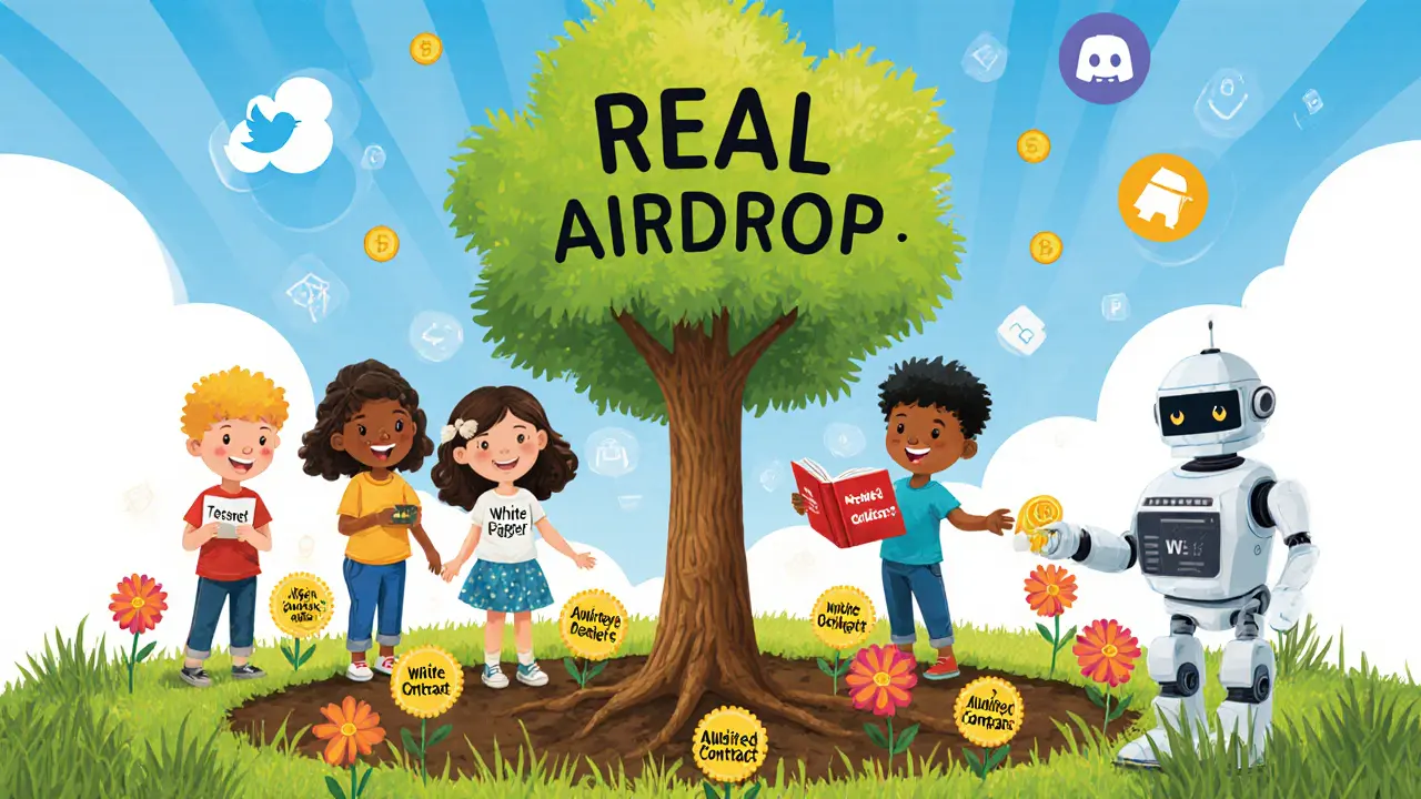 Des enfants plantent un arbre &#039;Airdrop réel&#039; avec des outils de vérification, entourés de symboles de confiance.