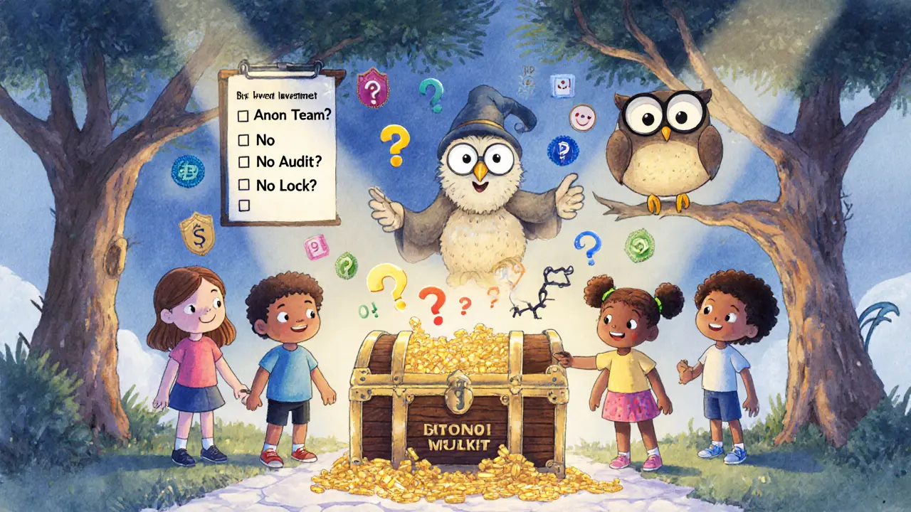 Des enfants vérifient une checklist pour éviter les arnaques crypto, guidés par une chouette sage.