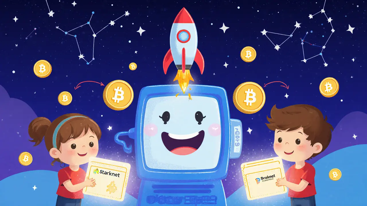 Deux enfants connectent leurs portefeuilles à une machine de transaction géante avec des pièces STRK qui volent dans le ciel étoilé.