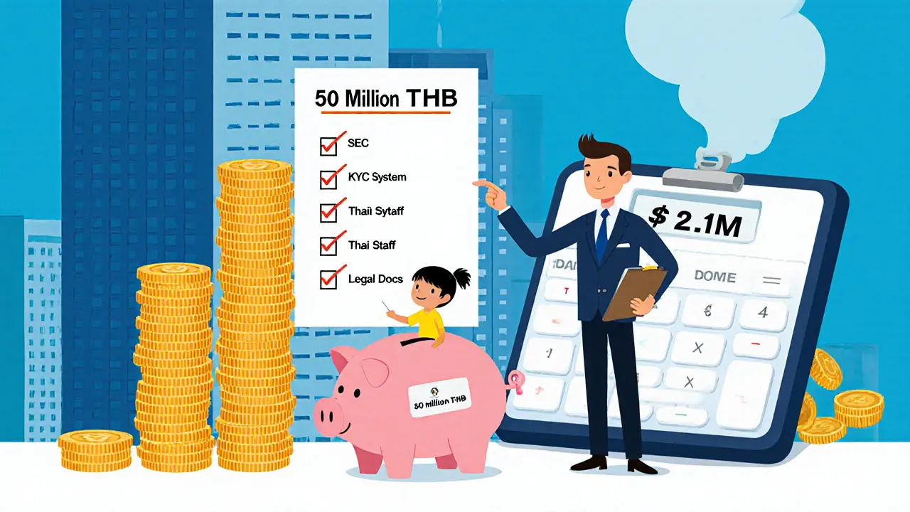 Enfant avec un cochon d&#039;épargne et une pile de pièces de 50 millions THB.