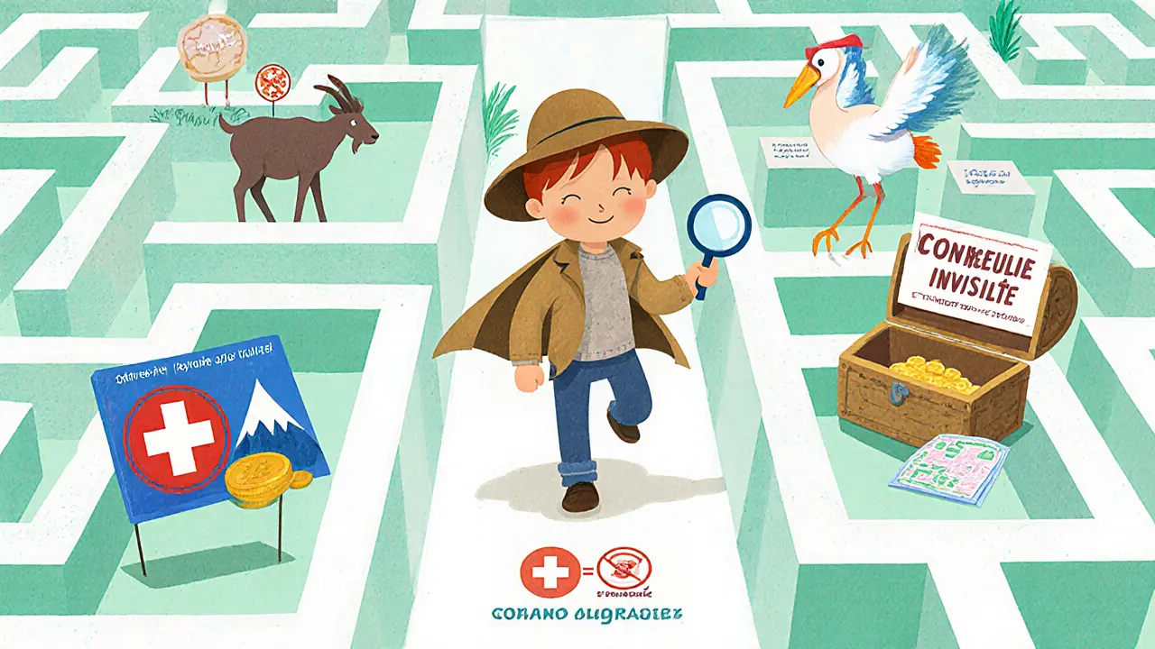 Enfant détective traversant un labyrinthe des lois crypto vers un trésor.