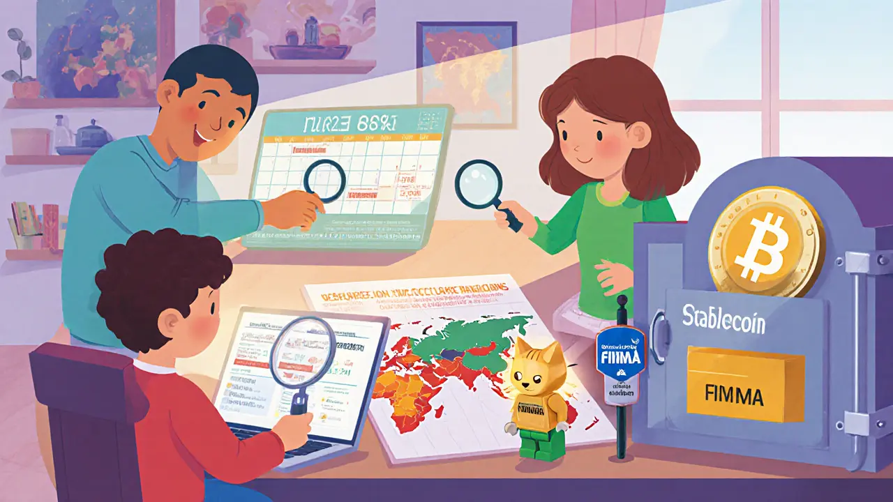 Famille à la cuisine analysant des transactions crypto sur un ordinateur.