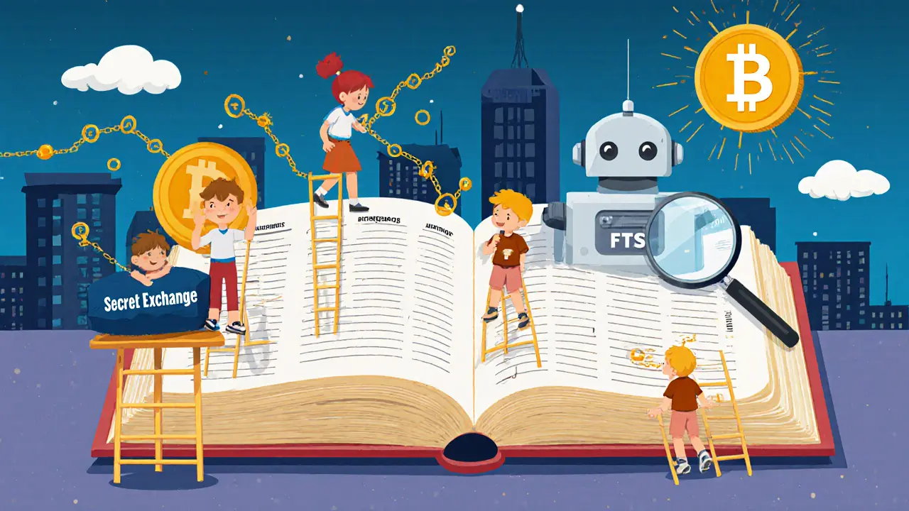 Gros livre de comptabilité avec des personnes ajoutant des transactions crypto, un robot de l&#039;administration à l&#039;œil vigilant.