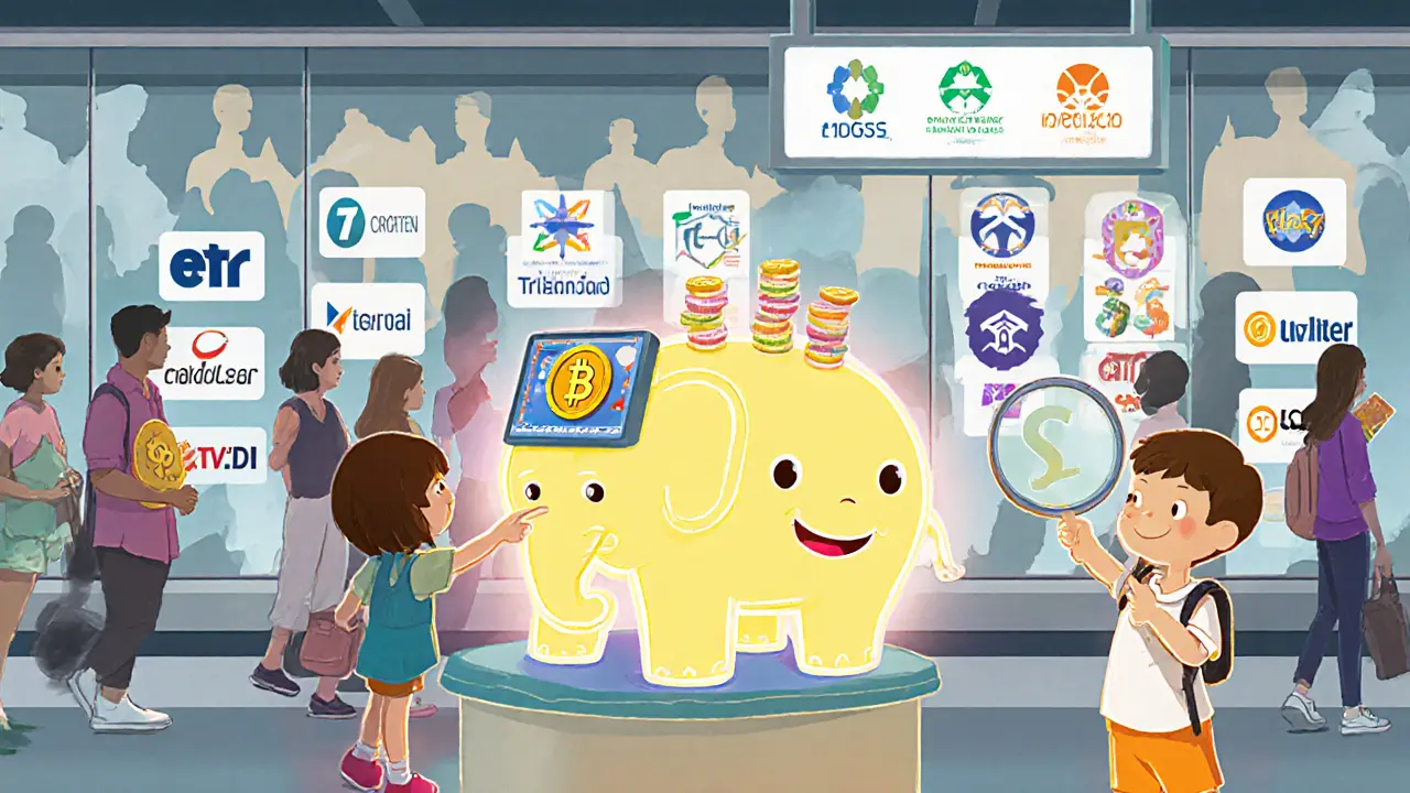 Kiosque aéroportuaire pour échanger des crypto en baht, avec des logos licenciés visibles.