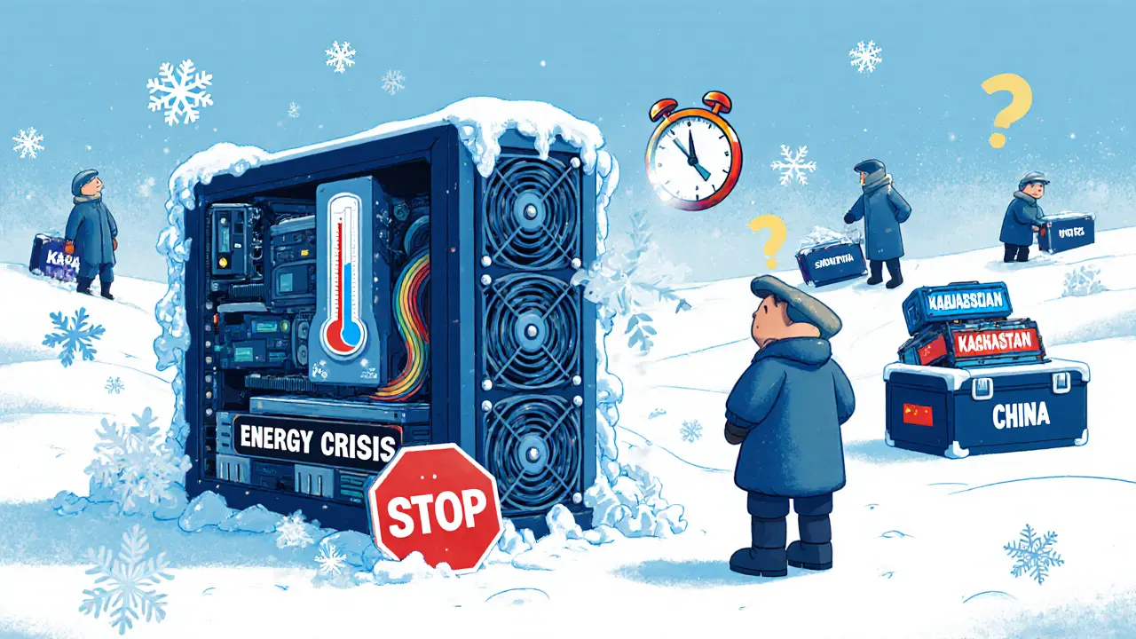 Mineur dans la neige près d&#039;une machine de mining arrêtée par un panneau &#039;STOP&#039; en hiver.