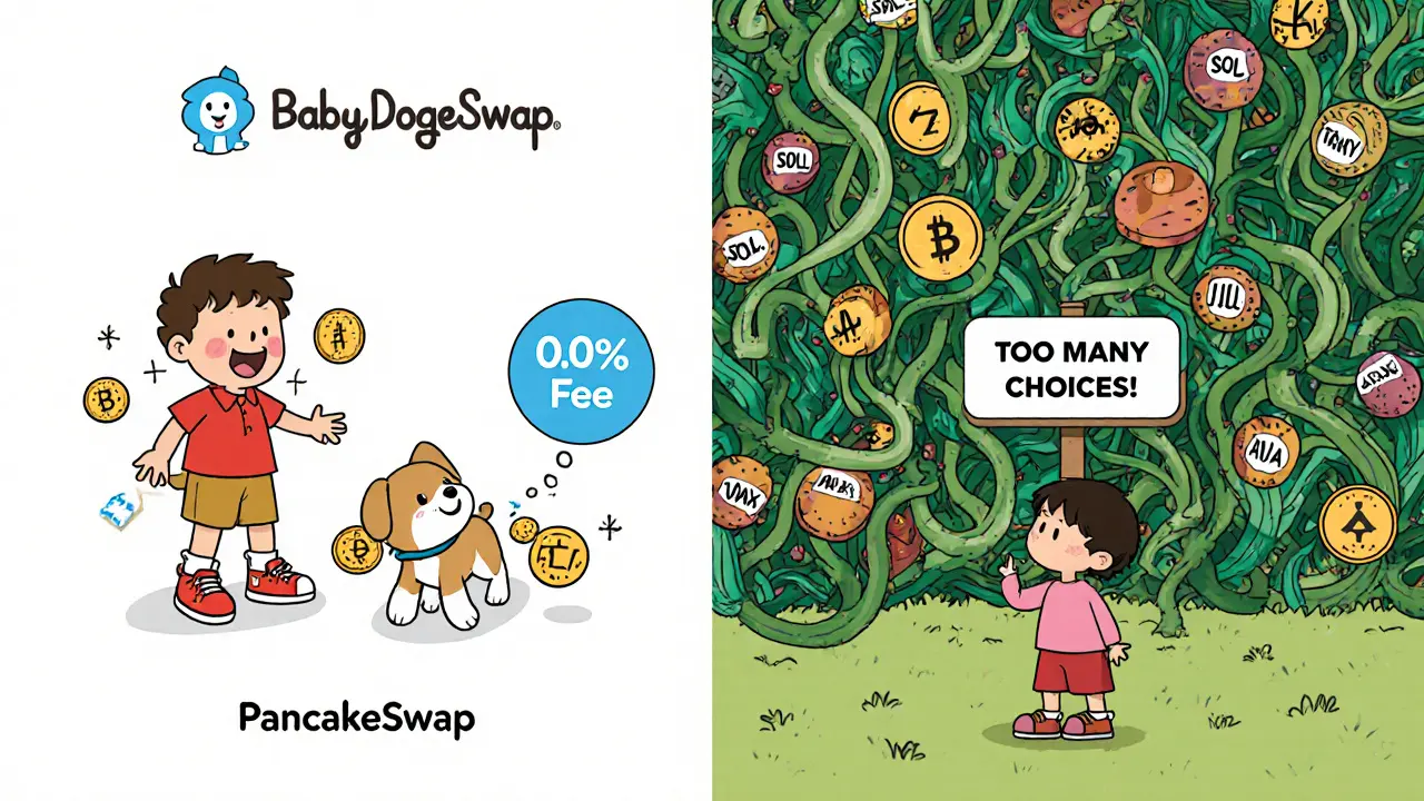 Scène comparée : un enfant heureux à BabyDogeSwap contre un autre perdu dans un labyrinthe de paires de tokens.