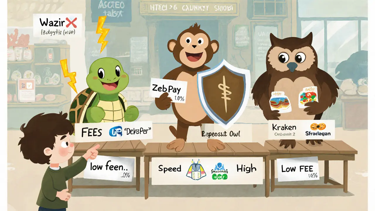 Trois animaux caricaturaux représentent des plateformes de crypto, comparées comme des stands de marché avec des snacks et des prix.