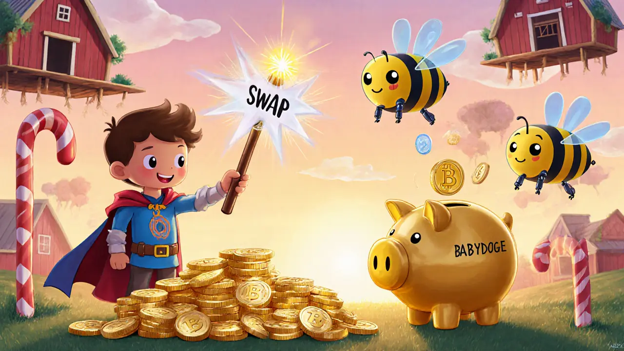 Un aventurier transforme des pièces Baby Doge en jetons LP avec l&#039;aide d&#039;abeilles-robots et un coq-porc-épargne.