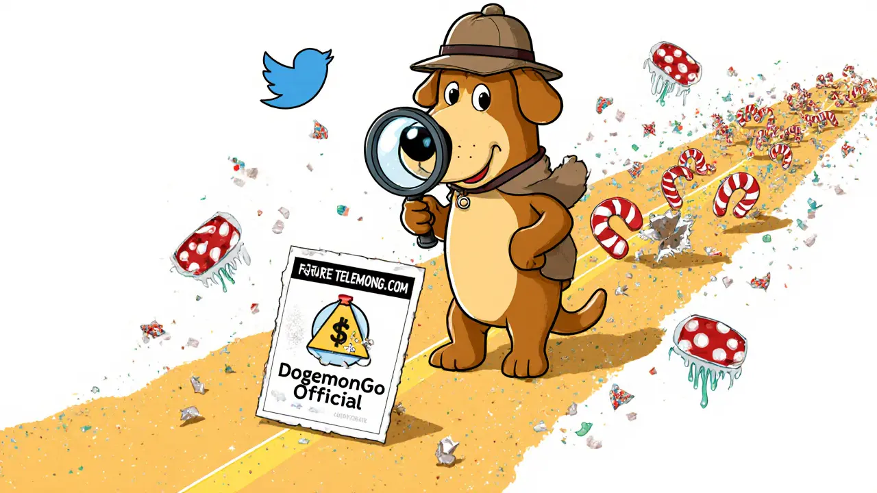 Un chien détective examine un NFT officiel DogemonGo, tandis que des arnaques s&#039;effondrent derrière lui.