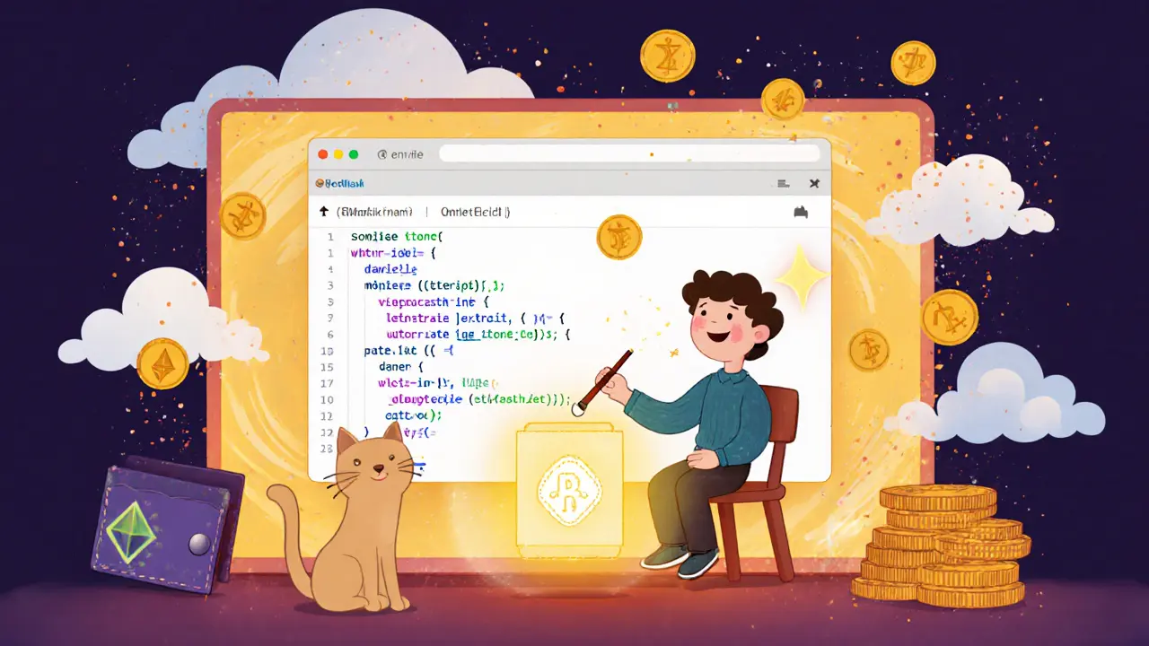 Un codeur souriant dépose du code Solidity dans une boîte lumineuse, un chat MetaMask regarde depuis une chaise.