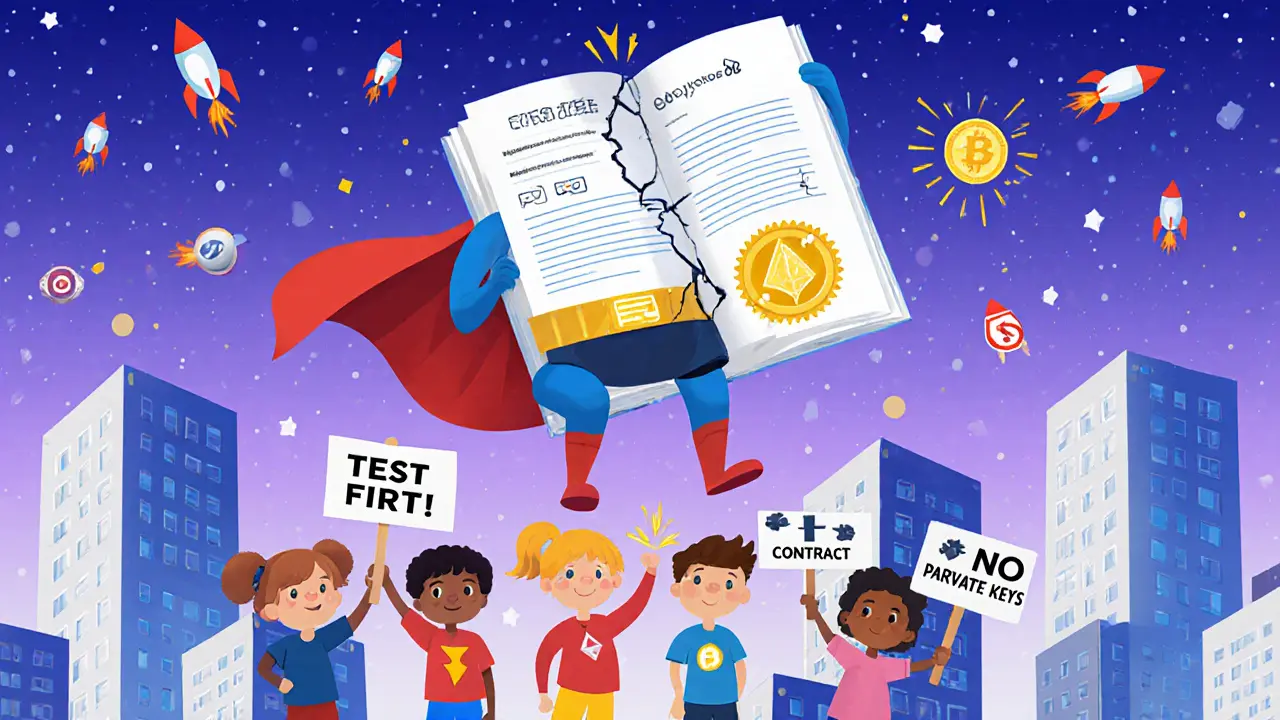 Un contrat superhéros flotte au-dessus d&#039;une ville blockchain, une version vérifiée brille, l&#039;autre est cassée.