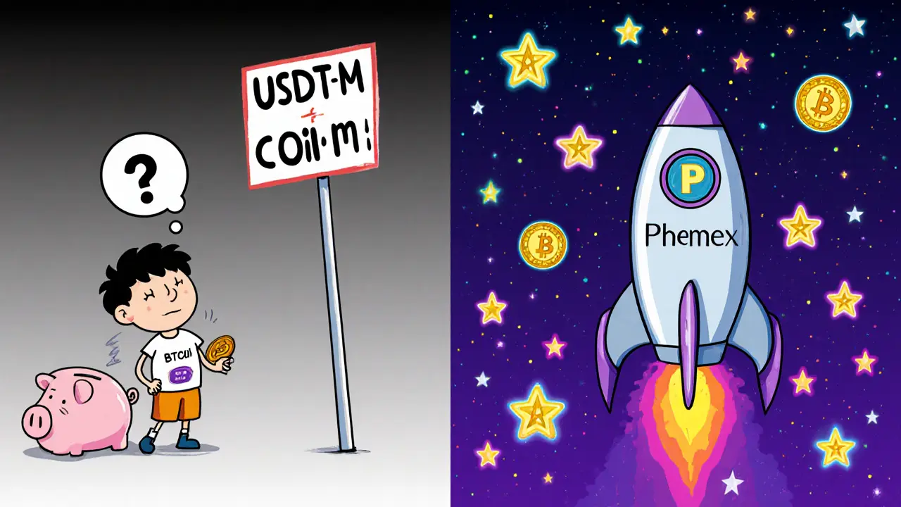 Un débutant confus à gauche, un trader expérimenté dans un vaisseau spatial à droite, séparés par un signe &#039;NO FIAT&#039;.