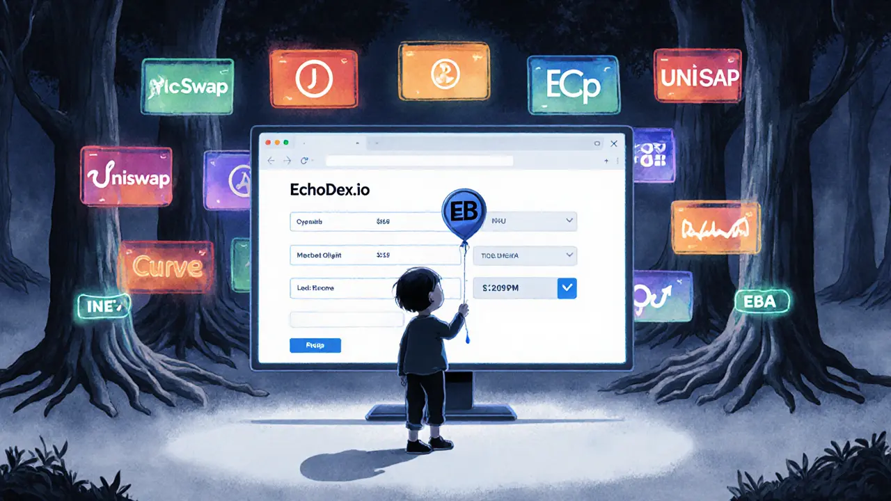 Un enfant devant un écran muet EchoDex, entouré de plateformes de trading vivantes, tenant un ballon ECP dégonflé.