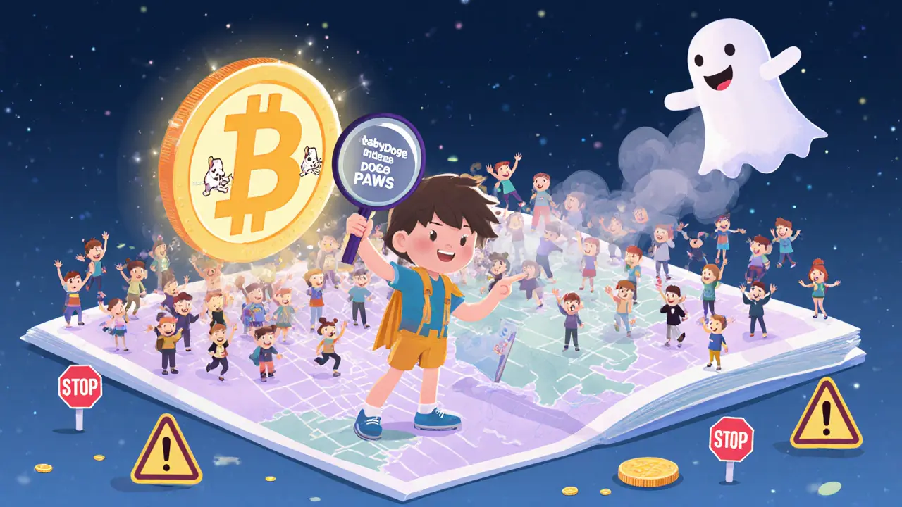 Un enfant examine une carte blockchain avec un contrat actif, tandis qu&#039;un jeton fantôme s&#039;évapore.