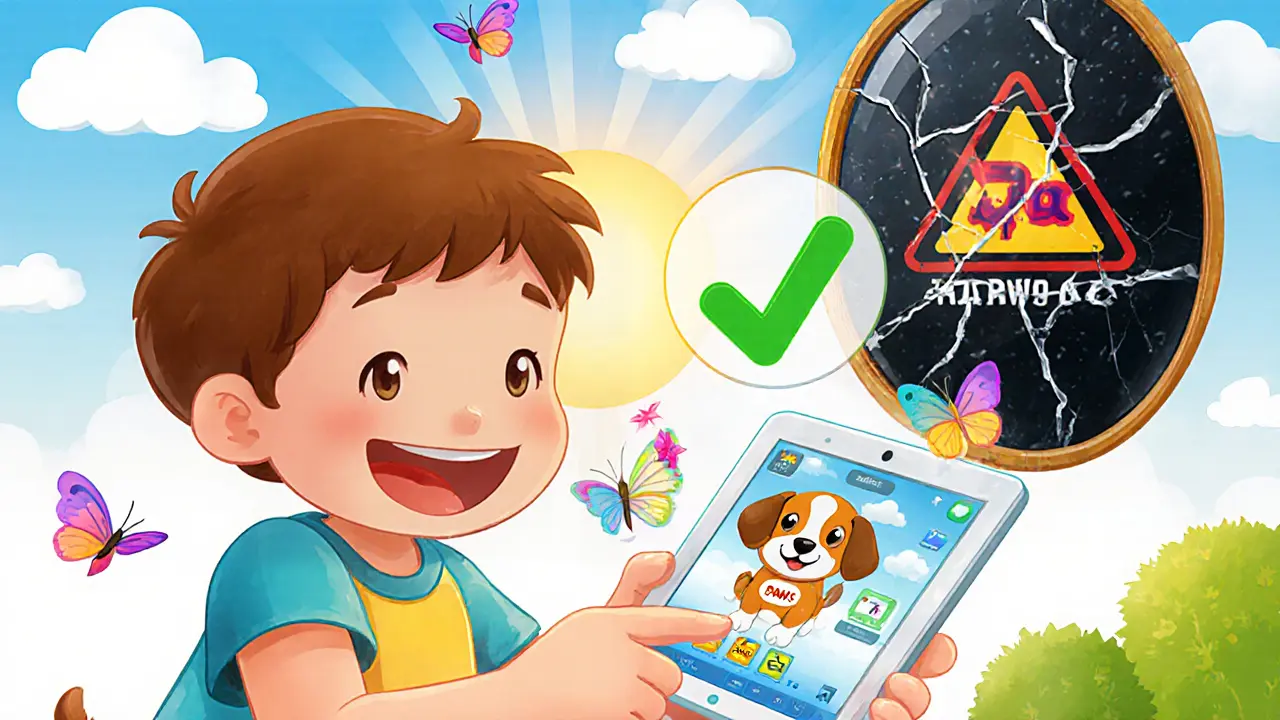 Un enfant joue à un jeu sur une tablette avec un chiot PAWS, des animations colorées flottent autour.