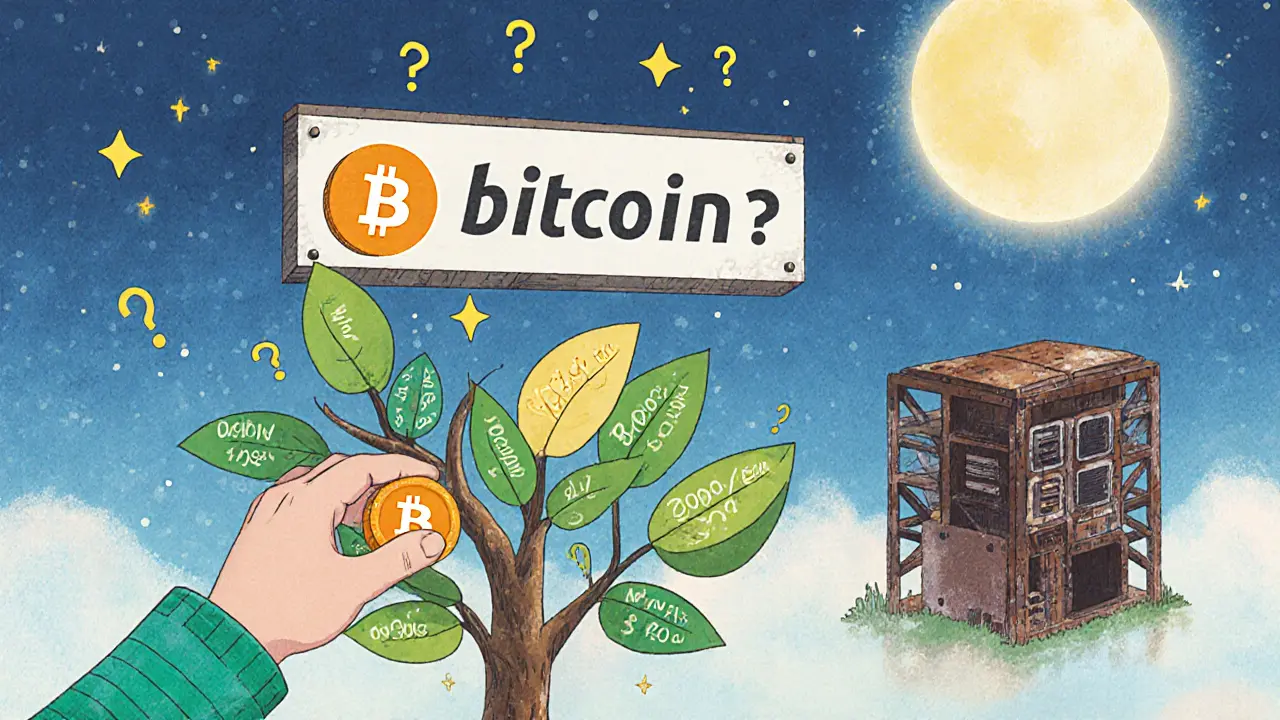 Un enfant met une pièce Bitcoin.ℏ dans un arbre magique qui pousse des feuilles d&#039;efficacité, sous un ciel étoilé.