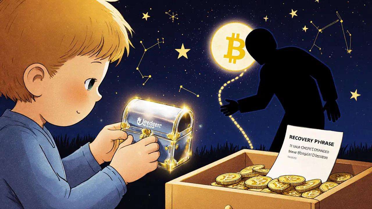 Un enfant range ses cryptomonnaies dans un coffre-fort personnel, tandis qu'une ombre menace un portefeuille en ligne.