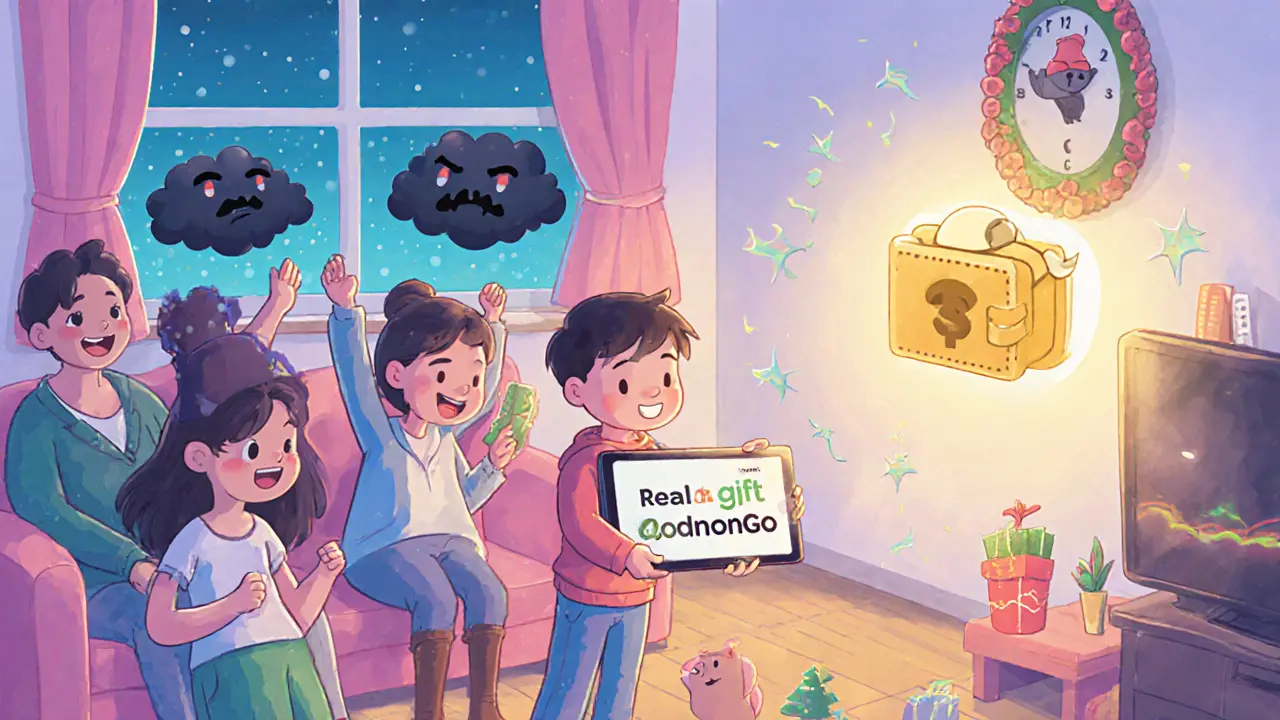 Un enfant reçoit un NFT légitime sur une tablette officielle, entouré de sa famille sous une lumière chaleureuse.