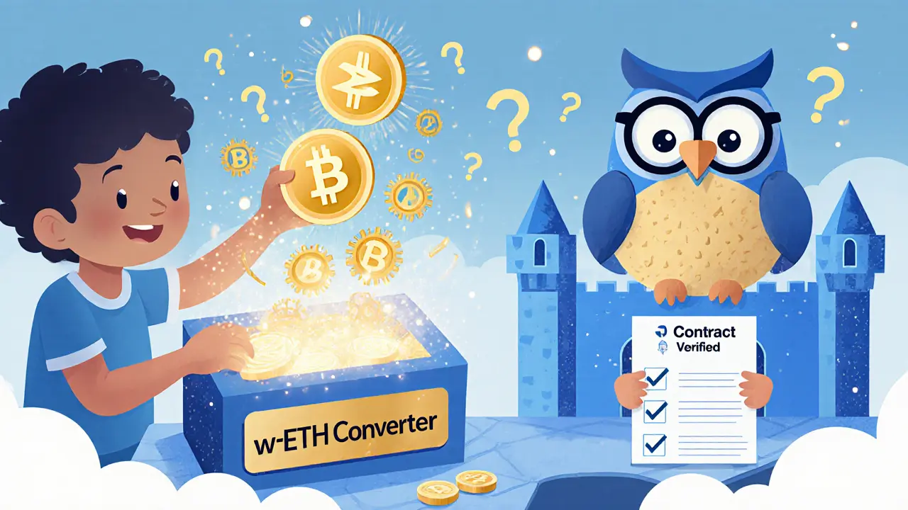Un enfant transforme une pièce ETH en wETH grâce à une boîte magique, avec une chouette vérifiant un contrat.