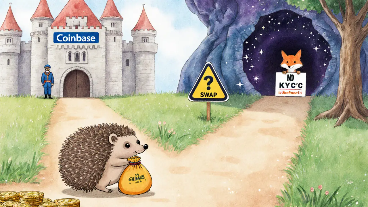 Un hérisson hésite entre un château sécurisé et une grotte mystérieuse marquée 10K Swap, sous un ciel doux et étoilé.