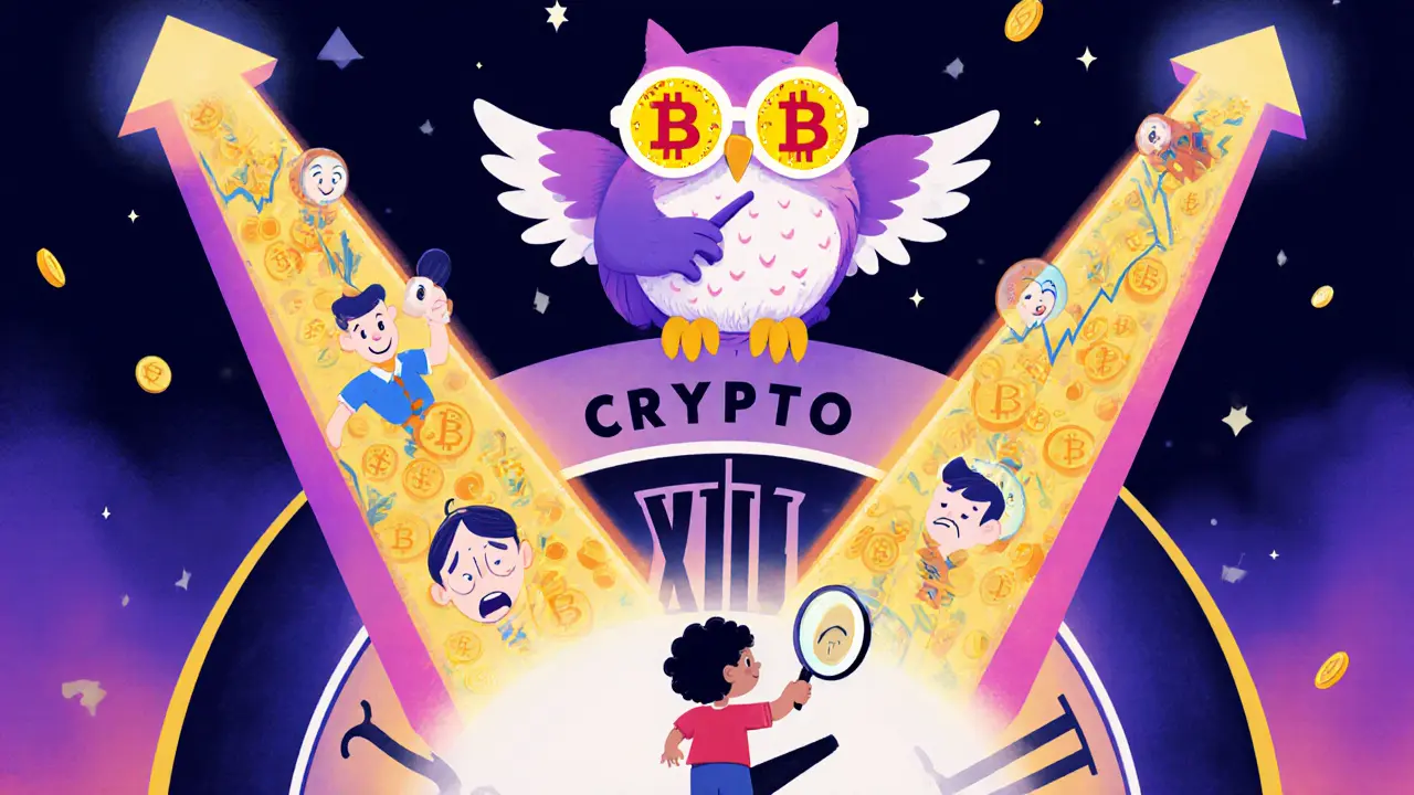 Un hibou sage montre deux chemins de cycle crypto à un enfant curieux, l&#039;un vers le haut, l&#039;autre vers le bas.