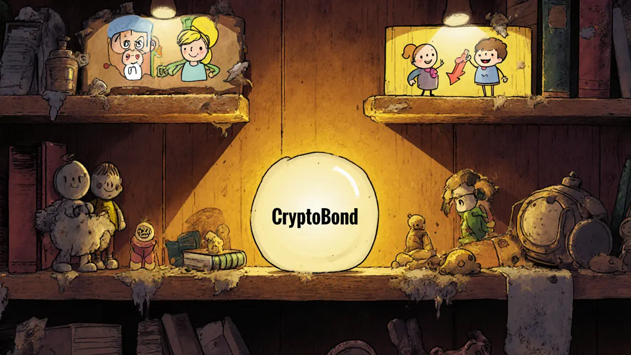 Un NFT solitaire sur une étagère poussiéreuse, entouré de projets DeFi vivants et brillants.