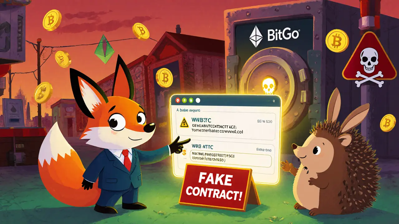 Un renard escroc essaie de voler un jeton WBTC, tandis qu&#039;un hérisson montre la vraie adresse sur un écran.
