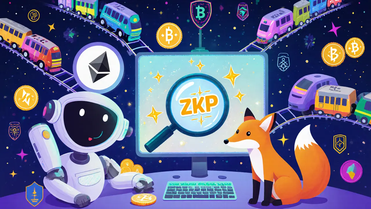 Un robot et un renard échangent des jetons entre plusieurs chaînes blockchain connectées comme des voies de train.