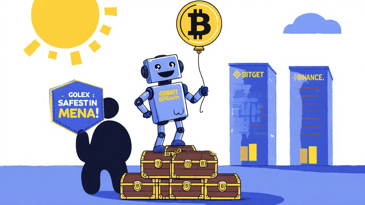 Un robot souriant tient un panneau sur une pile de coffres vides, tandis qu&#039;une bourse fiable brille au loin sous le soleil.