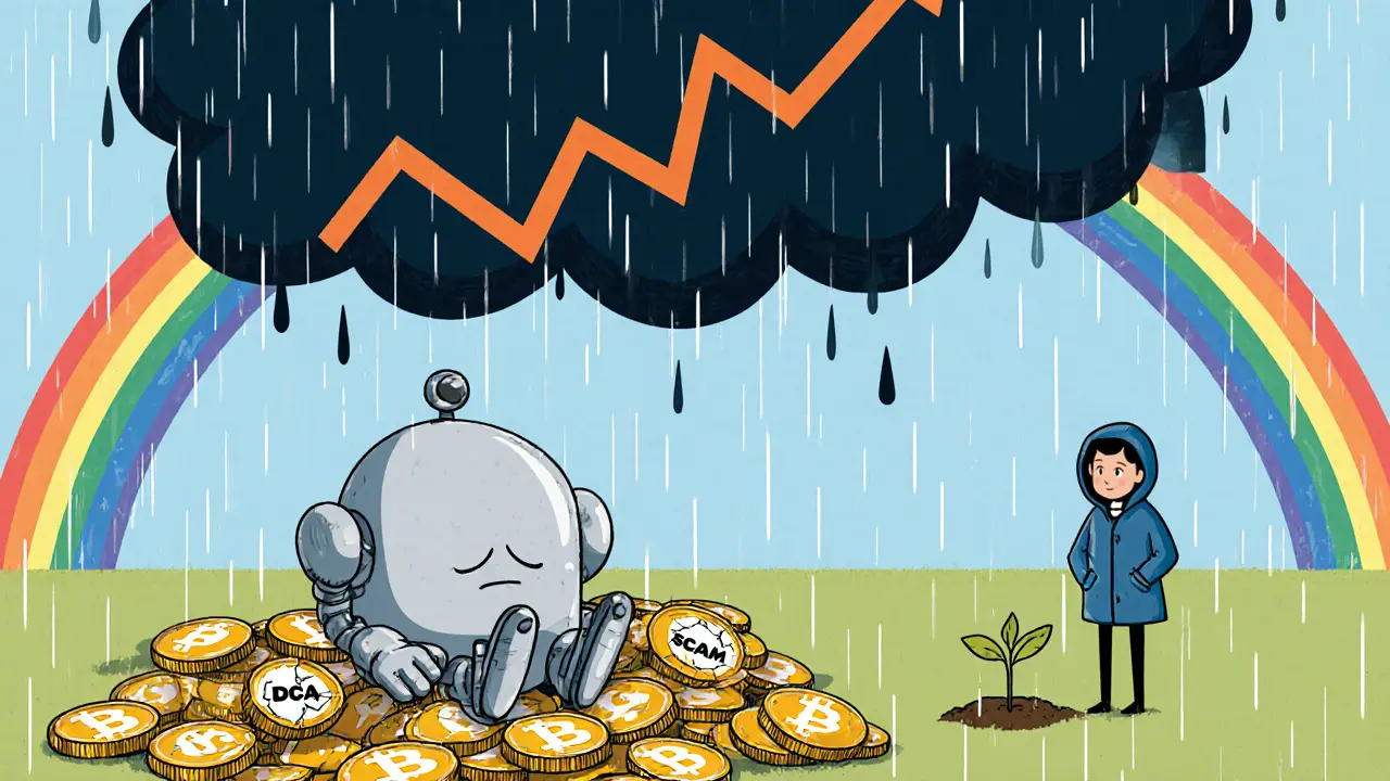 Un robot triste assis sur des pièces tombées, tandis qu&#039;une petite graine &#039;DCA&#039; est plantée dans le sol.