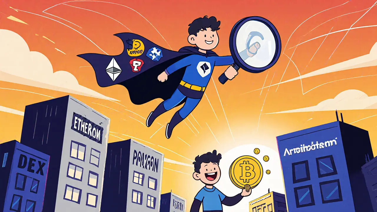 Un superhéros nommé SmartTrade cherche le meilleur prix parmi plusieurs réseaux blockchain.