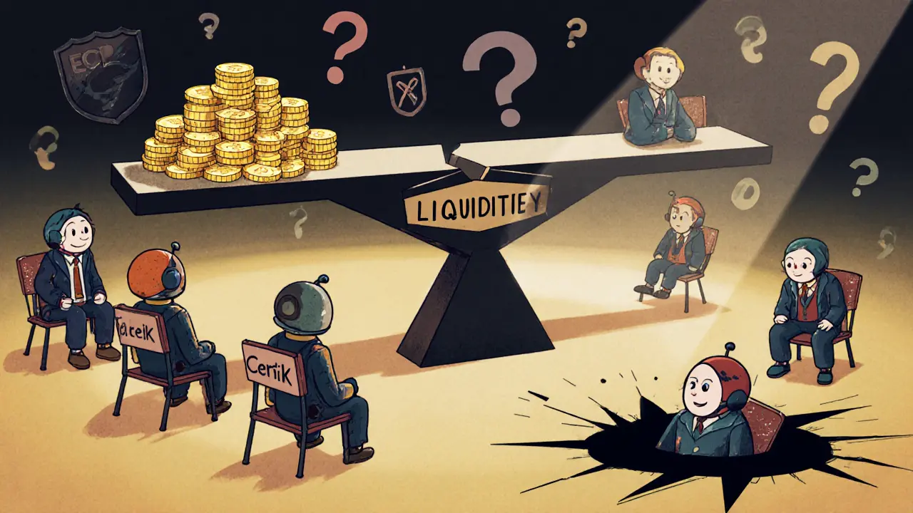 Une balançoire cassée avec des robots sur des chaises qui disparaissent, symbolisant un staking sans liquidité.