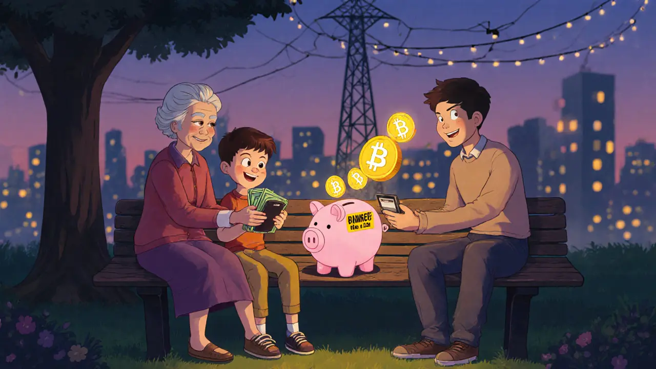 Une famille partage un téléphone sur un banc de parc, recevant des pièces USDT en échange de cash, sous un ciel crépusculaire.