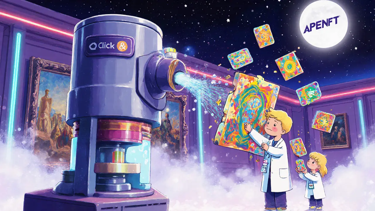 Une machine magique crée des NFTs qui se divisent en morceaux, distribués à des enfants, dans un musée futuriste avec des peintures holographiques.