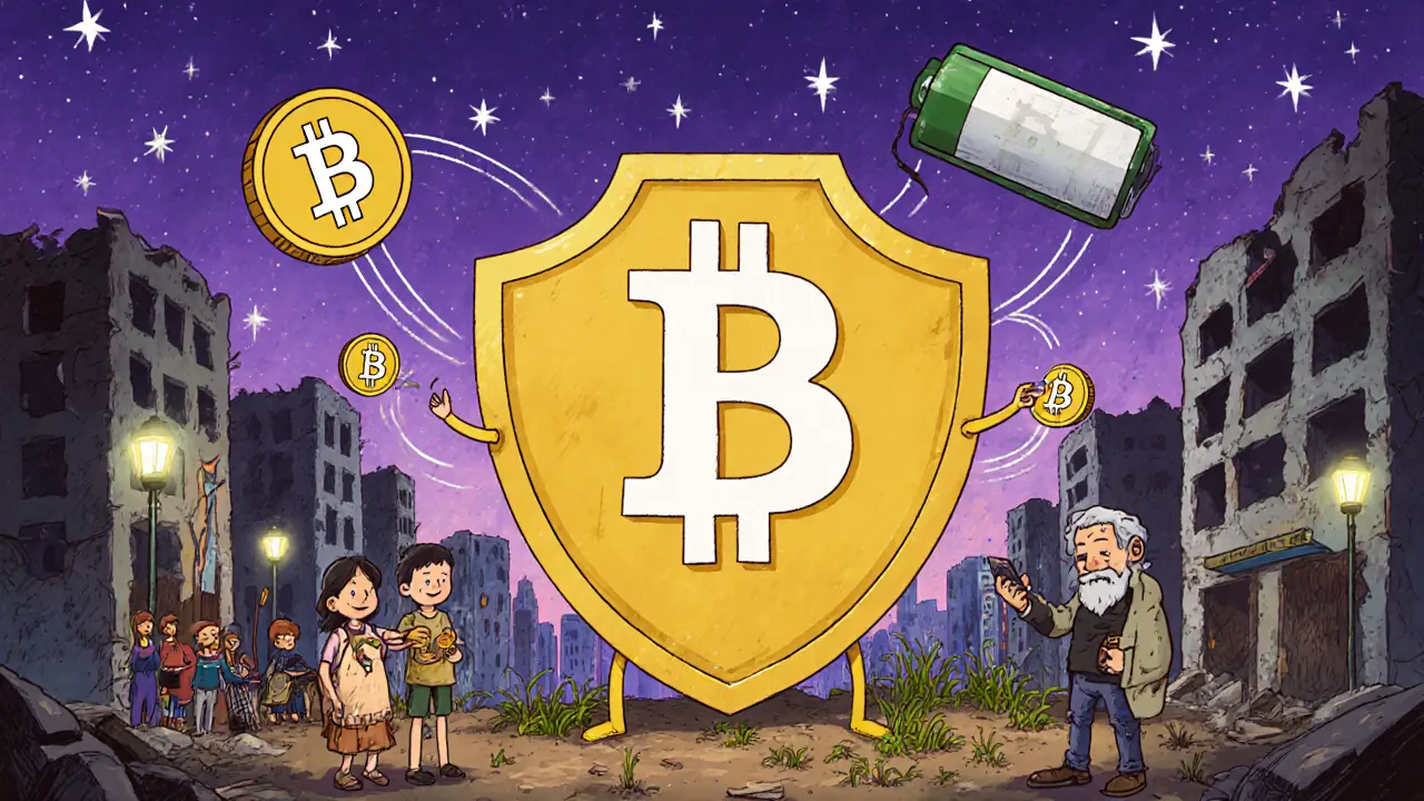 Une pièce USDT géante protège une ville en ruine, tandis que des enfants distribuent des crypto-monnaies, un Petro brisé est caché sous terre.