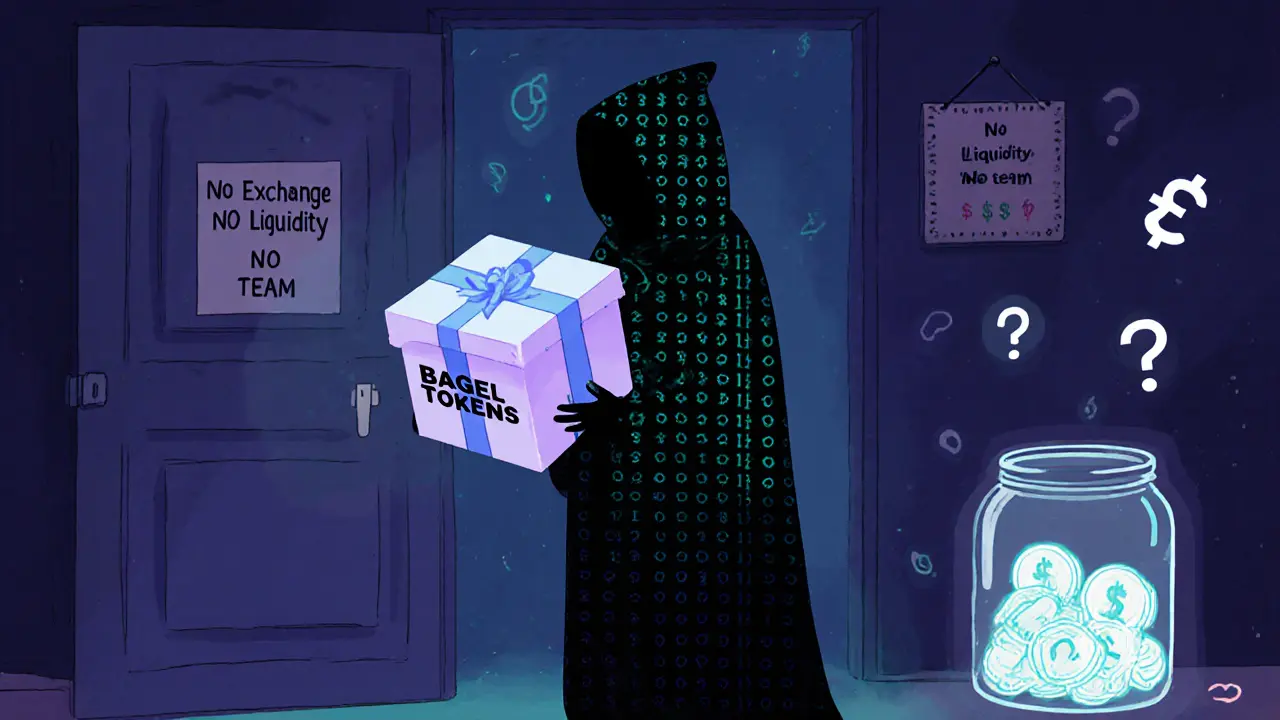 Une silhouette mystérieuse tient une boîte fermée étiquetée &#039;BAGEL TOKENS&#039; devant une porte verrouillée.