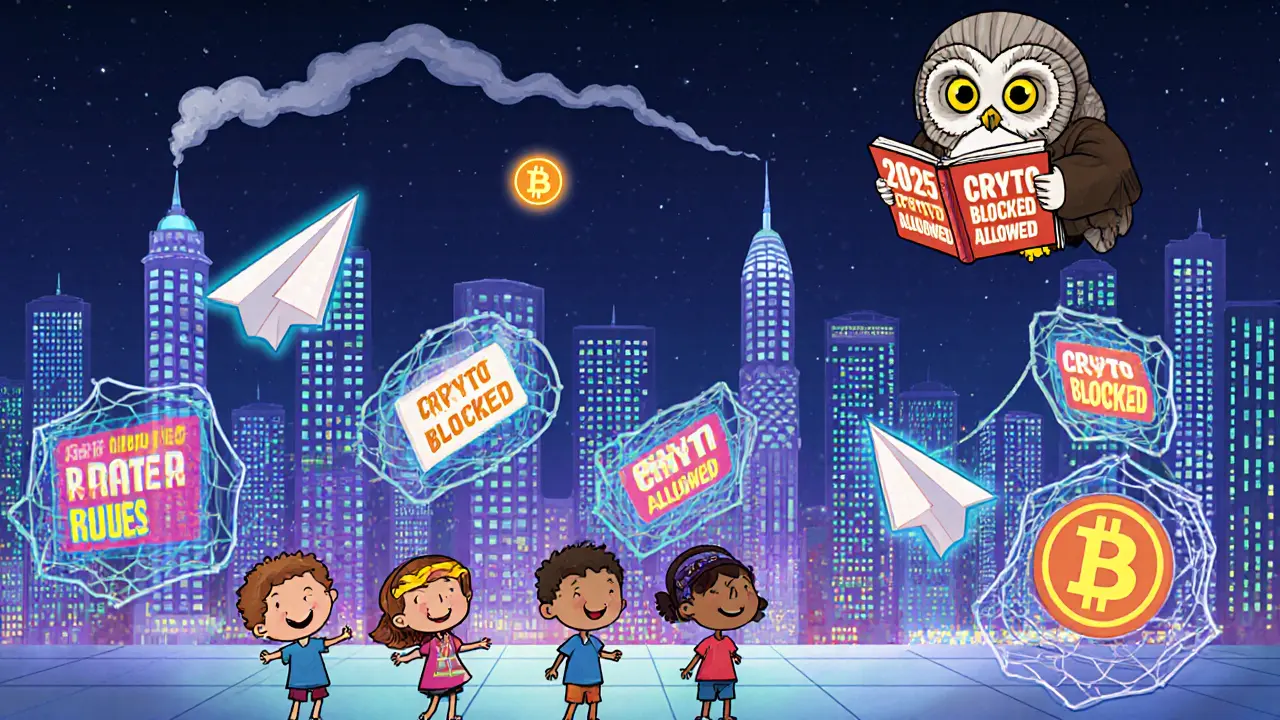 Une ville du Koweït où des avions en papier en forme de Bitcoin sont bloqués par des filets, sous l&#039;œil d&#039;une chouette juge.