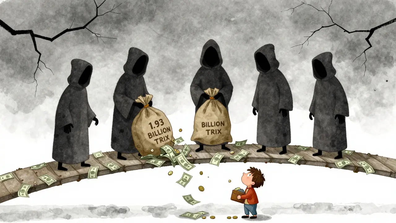Cinq silhouettes cachées déversent des millions de jetons TRIX sur un enfant fragile sur un pont de papier.