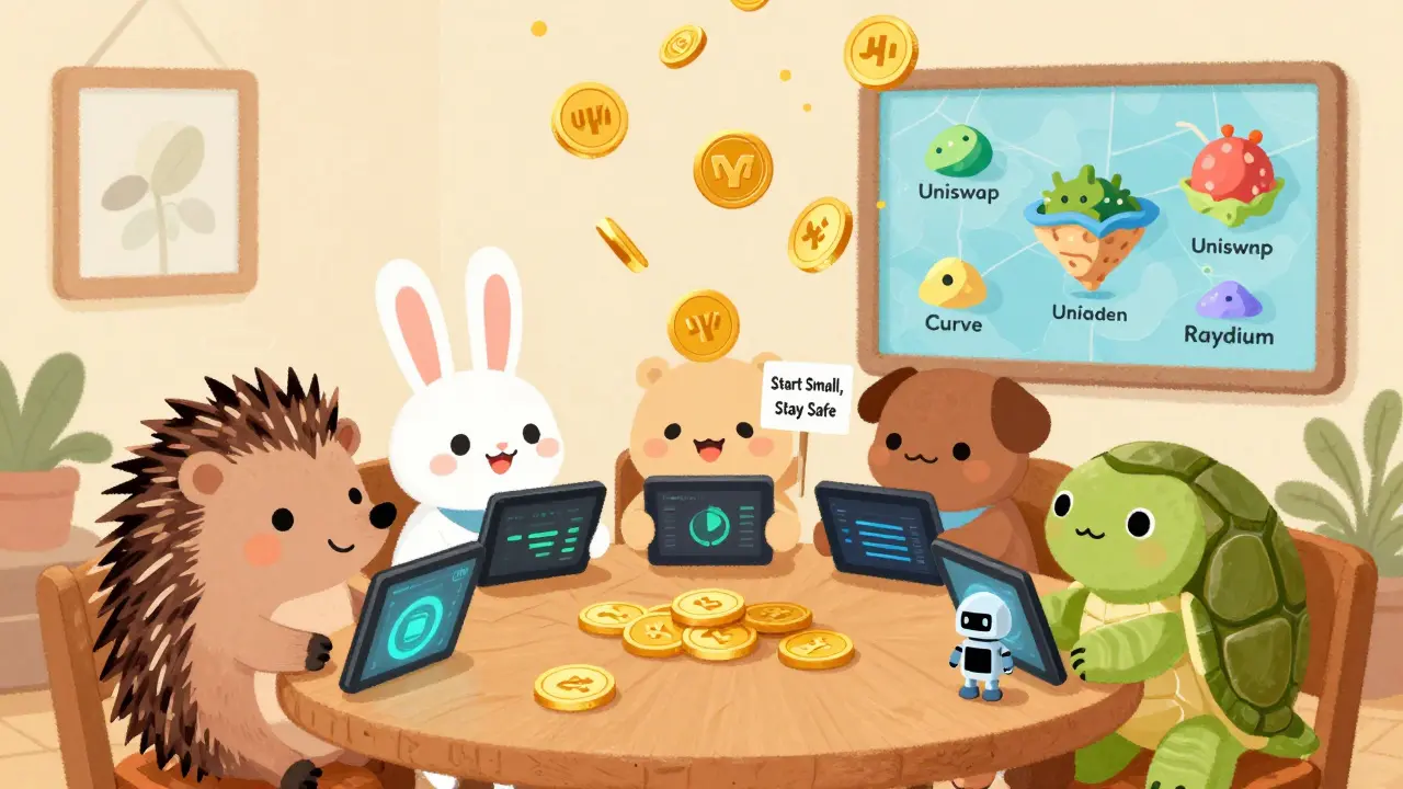 Des animaux regardent des tablettes DeFi tandis que des jetons UNI, CRV et SUSHI tombent du ciel, dans un cadre chaleureux et éducatif.