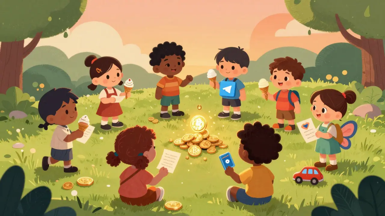 Des enfants échangent des pièces cryptos contre des friandises dans un parc caché, avec des cartes prépayées en forme de papillons.