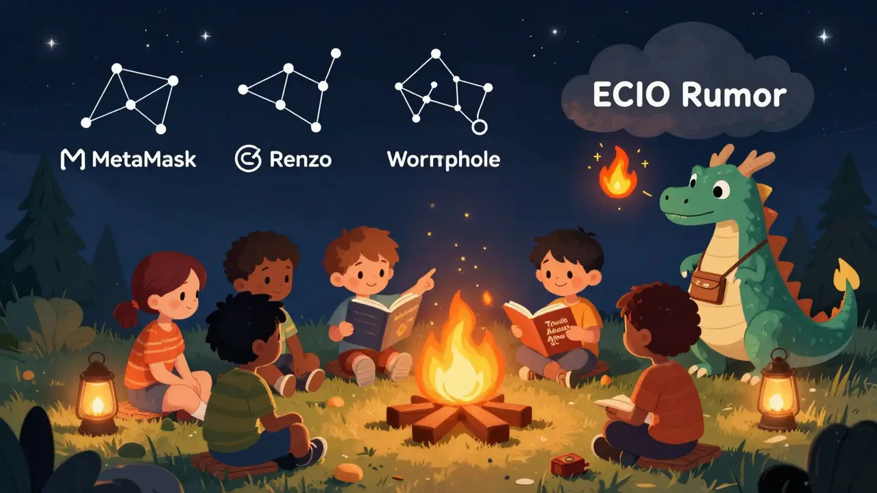 Des enfants écoutent une histoire sur les vrais airdrops autour d&#039;un feu de camp en forme de blockchain.