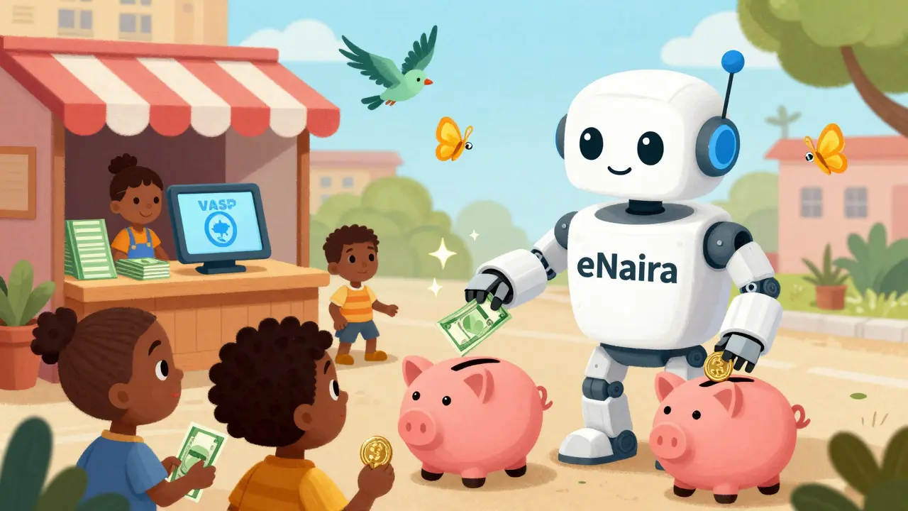 Des enfants paient avec des cryptomonnaies à un robot eNaira qui distribue des billets de naira.